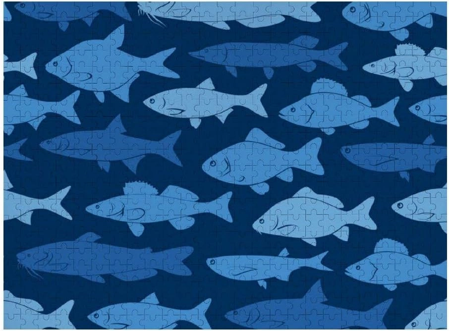 Rashu Jigsaw Puzzles for Adult Large PictureSilhouettes River Fishes Dark BlueWooden Puzzles Intelligent Education Brain Puzzles Game Home Wall Decor 500 pcs