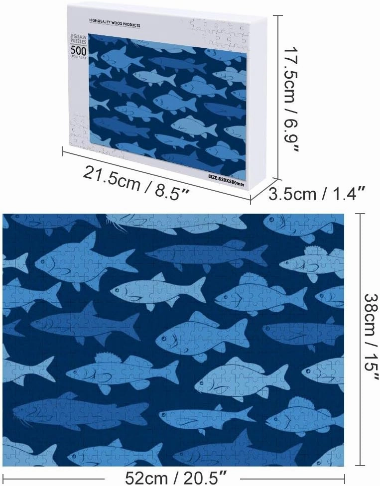 Rashu Jigsaw Puzzles for Adult Large PictureSilhouettes River Fishes Dark BlueWooden Puzzles Intelligent Education Brain Puzzles Game Home Wall Decor 500 pcs