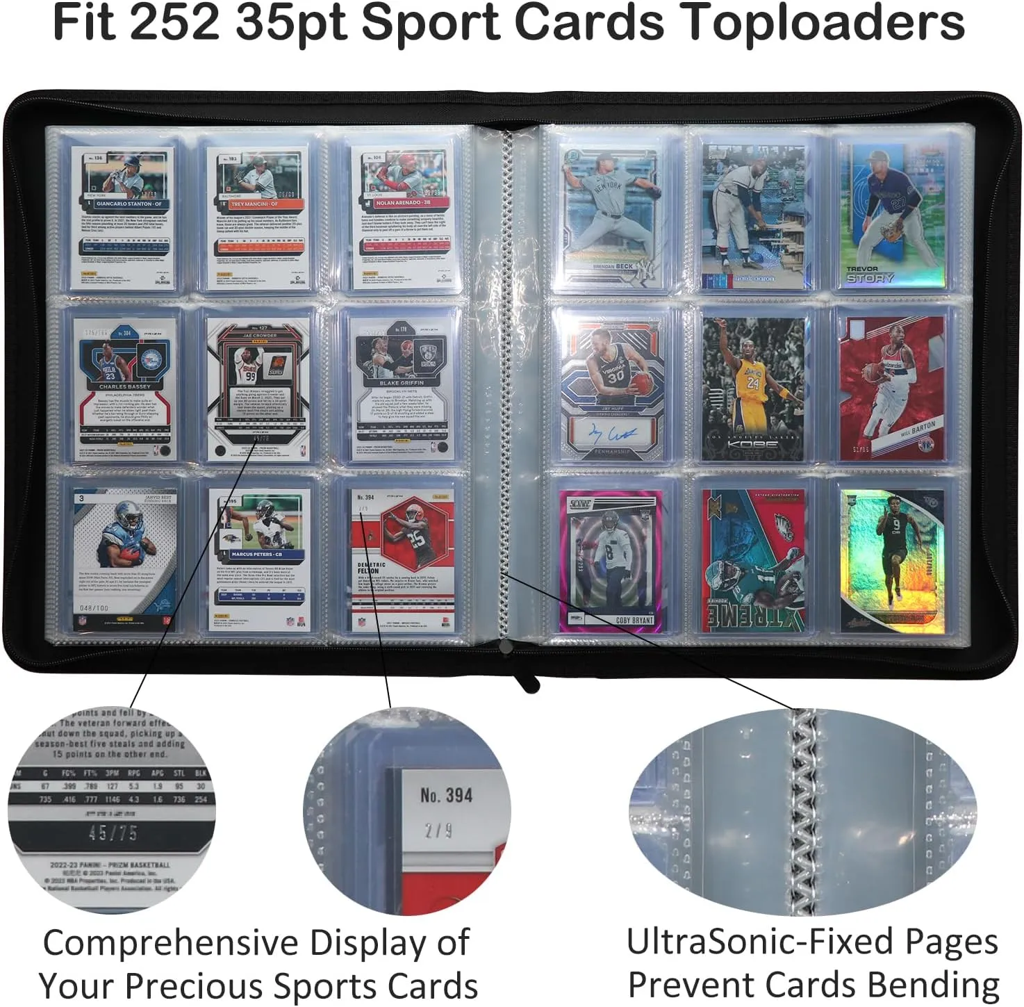 Rayvol Toploader Binder Transparent Sleeves, Holds 252 Toploaders 9-Pocket Top Loader Card Storage Album, Ringless Double-Sided Pockets for Sports and Trading Cards in 3 x 4'' Toploaders