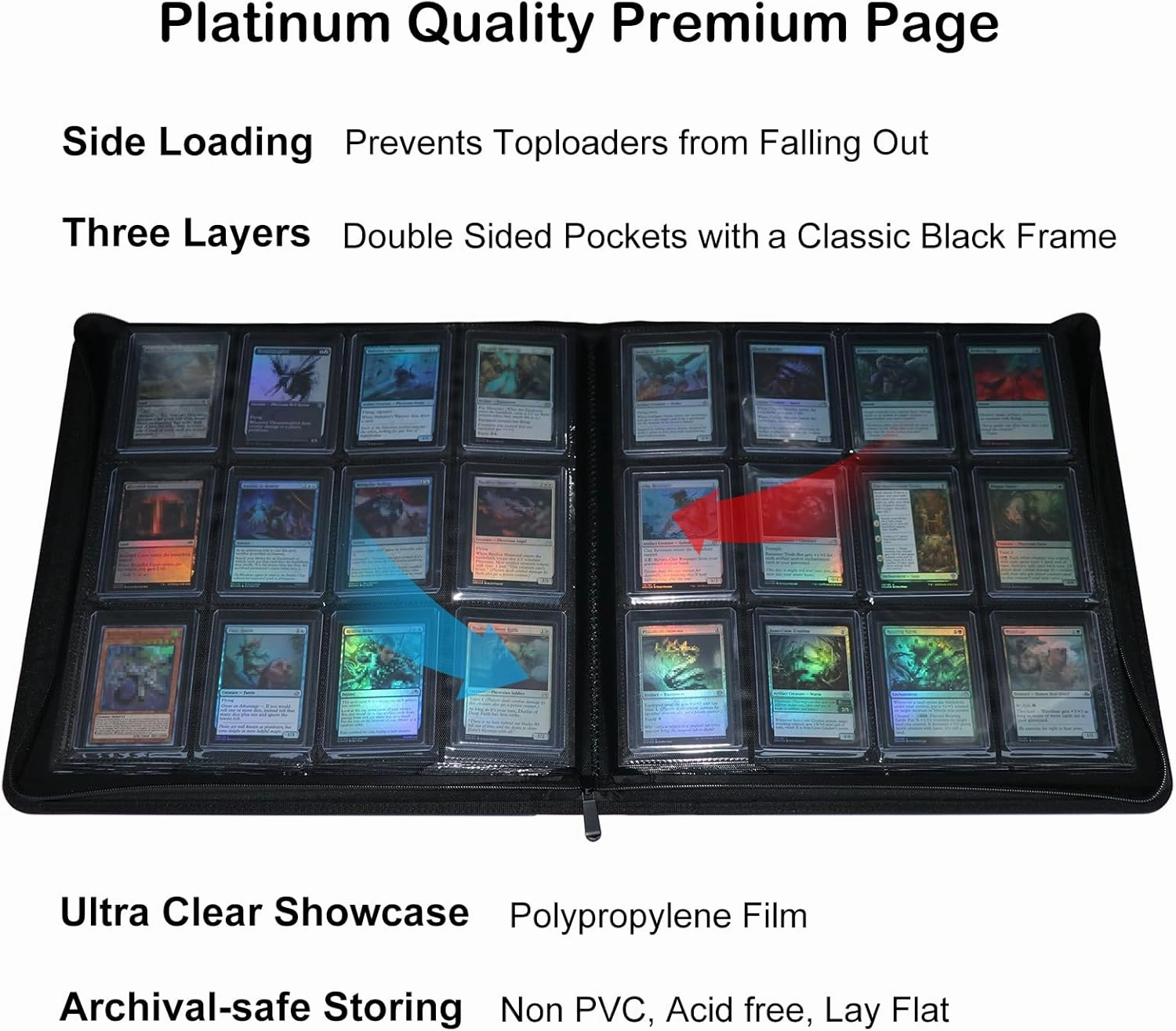 Rayvol 12-Pocket Toploader Binder, Holds 432 Toploaders 12 Pocket Top Loader Card Storage Case, 400   Ringless Double-Sided Pockets for Cards in 3 x 4'' Toploaders -Nightblue