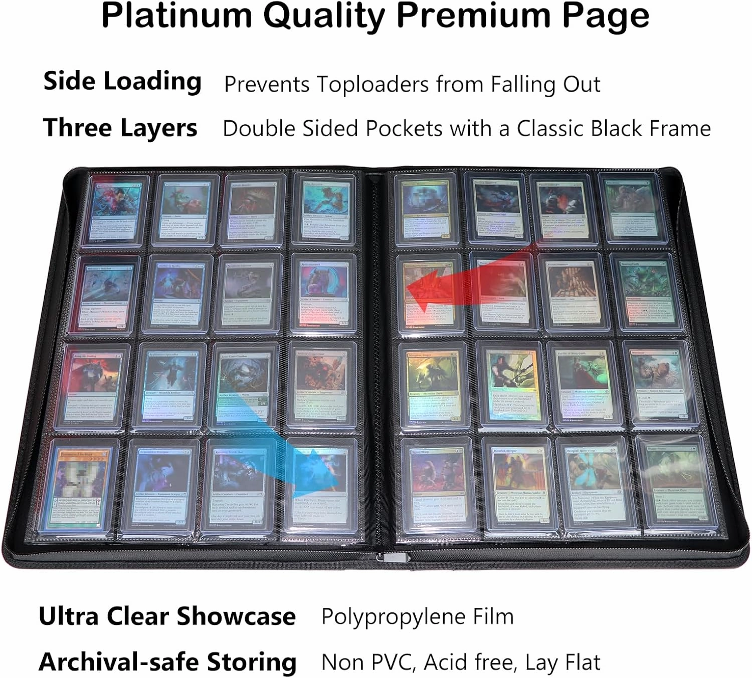 Rayvol 16-Pocket Toploader Binder, Holds 512 Toploaders 16 Pocket Top Loader Card Storage Case, 500   Ringless Double-Sided Pockets for Cards in 3 x 4'' Toploaders -Nightblue