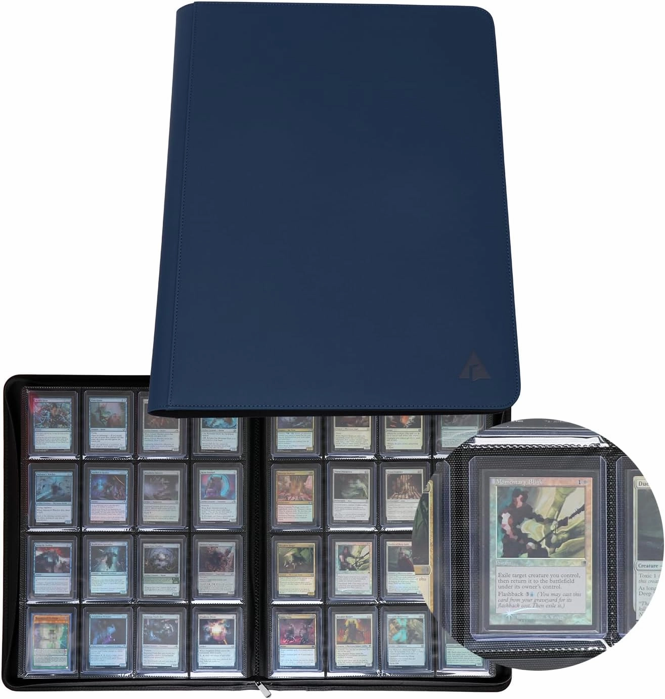 Rayvol 16-Pocket Toploader Binder, Holds 512 Toploaders 16 Pocket Top Loader Card Storage Case, 500   Ringless Double-Sided Pockets for Cards in 3 x 4'' Toploaders -Nightblue