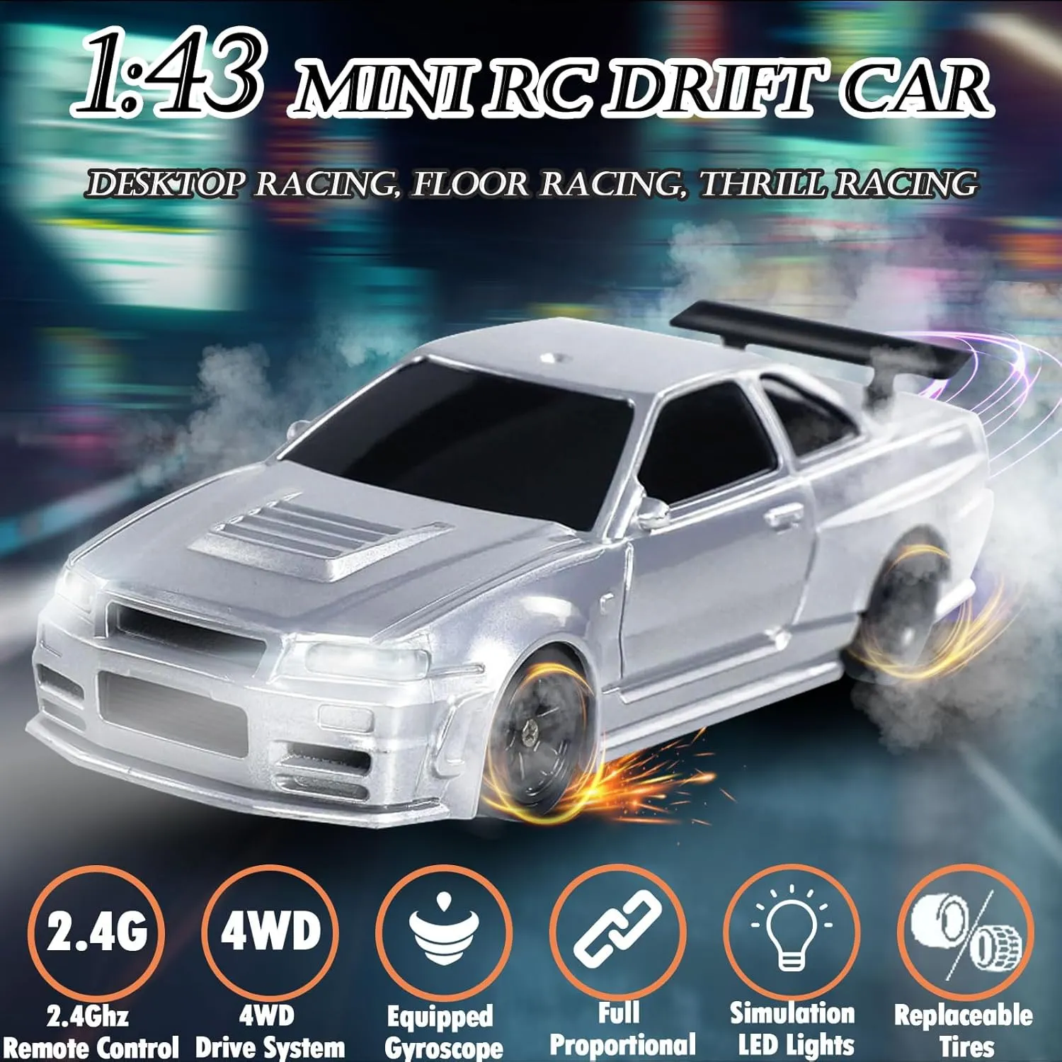 RC Drift Car, 1/43 Mini Remote Control Car with Gyroscope, 2.4GHz 4WD Full Proportional High Speed Fast RC Cars with LED Lights Racing Tires, Hobby RC Cars Toy Model Gift for Adults, Kids, Boys