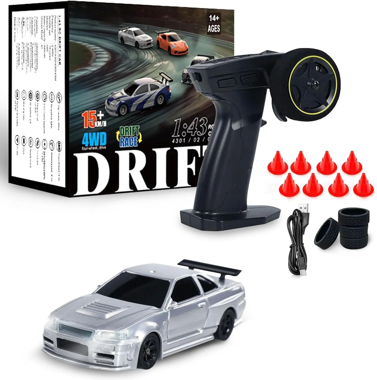 RC Drift Car, 1/43 Mini Remote Control Car with Gyroscope, 2.4GHz 4WD Full Proportional High Speed Fast RC Cars with LED Lights Racing Tires, Hobby RC Cars Toy Model Gift for Adults, Kids, Boys