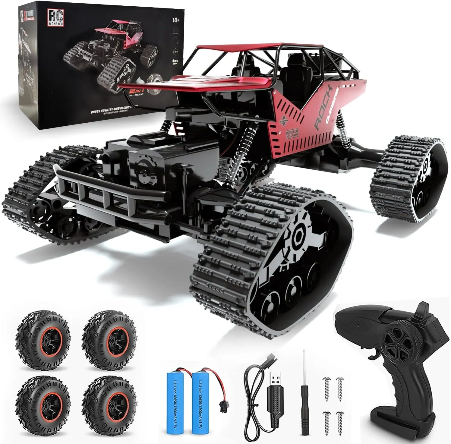 RC Monster 2 in 1 Remote Control Car for Boys Girls, 1:14 Scale 25  KM/H RC Trucks Car 2.4GHz All Terrains Off Road Monster Crawler Vehicle Toy with 2 Rechargeable Batteries (Red)