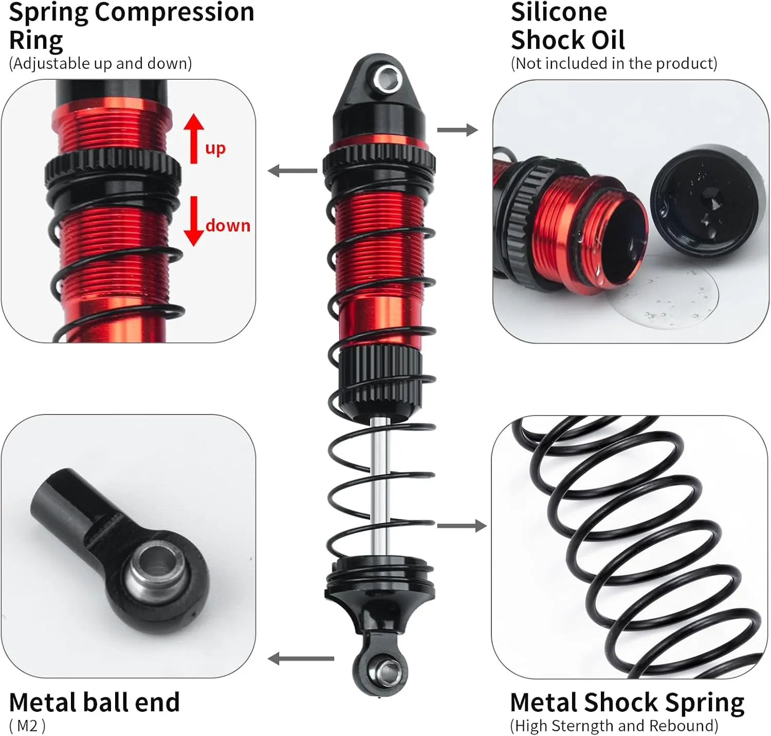 RC Shock Absorber Set, Aluminum Front Rear Universal Shock Absorber Oil Damper for Losi 1/18 Mini LMT 4X4 Brushed Monster Truck RTR Upgrade Parts (Red)