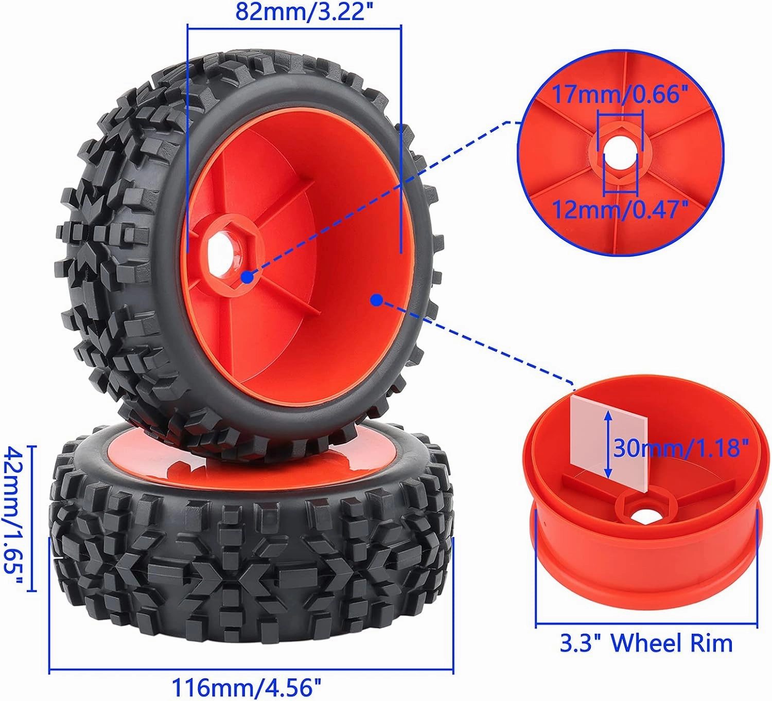 RC Tires Hex 17mm Wheels Red Hard Dish Rim Soft Rubber Tires for 1:8 Off Road Buggy Typhon, Pack of 4