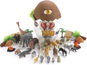 RECUR Wild Animal Figure Toys Set Lion Tiger Giraff Figurines - Super Egg Series, Toal of 45 PCS Includes 25 Animals and 20 Scene Accessories Age 3 