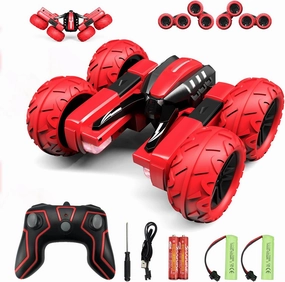 Remote Control Car for 6-12 Years Old Boys Girls Birthdays Present Gift, Hobby RC Car Stunt with LED Light Electric 4WD 2.4Ghz Double Sided Rotating Racing Vehicle 360° Flips Offroad Kids Toy Red