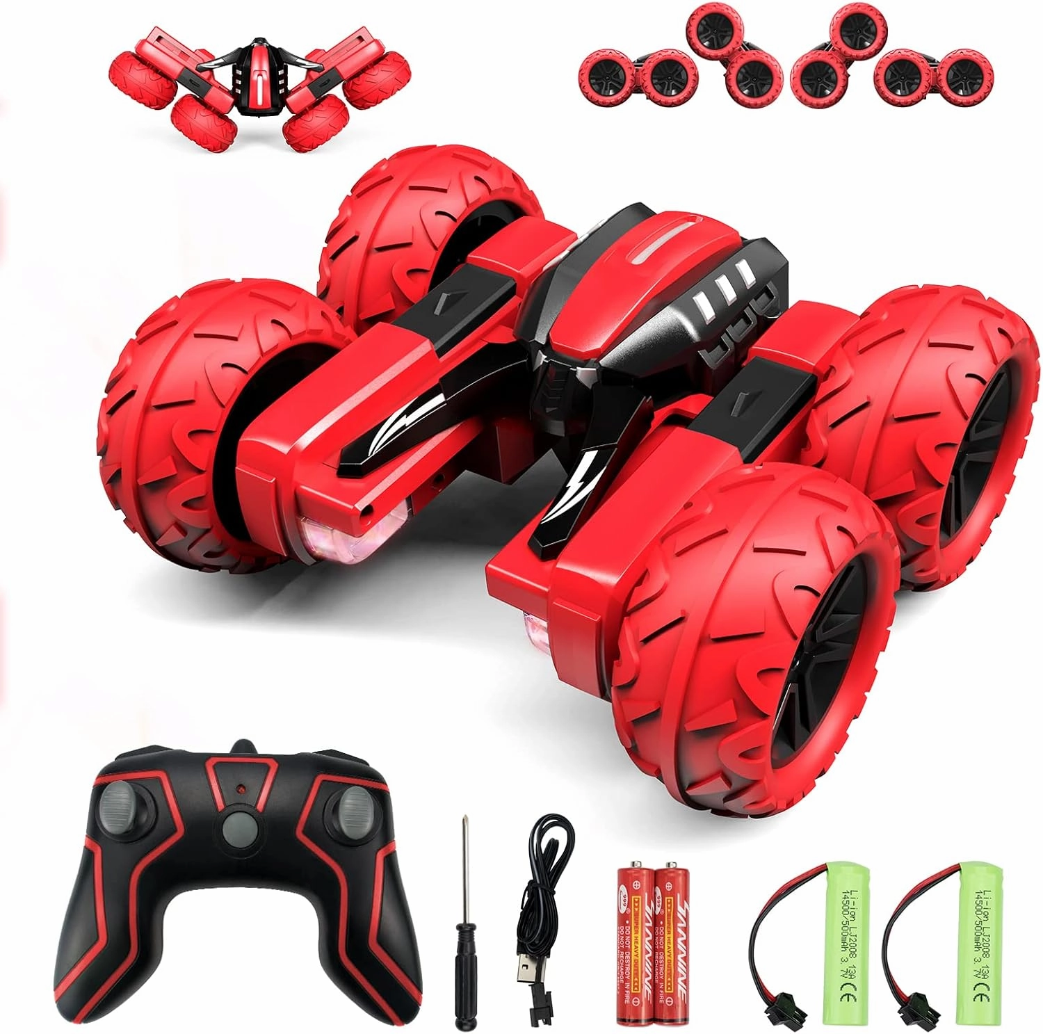 Remote Control Car for 6-12 Years Old Boys Girls Birthdays Present Gift, Hobby RC Car Stunt with LED Light Electric 4WD 2.4Ghz Double Sided Rotating Racing Vehicle 360° Flips Offroad Kids Toy Red