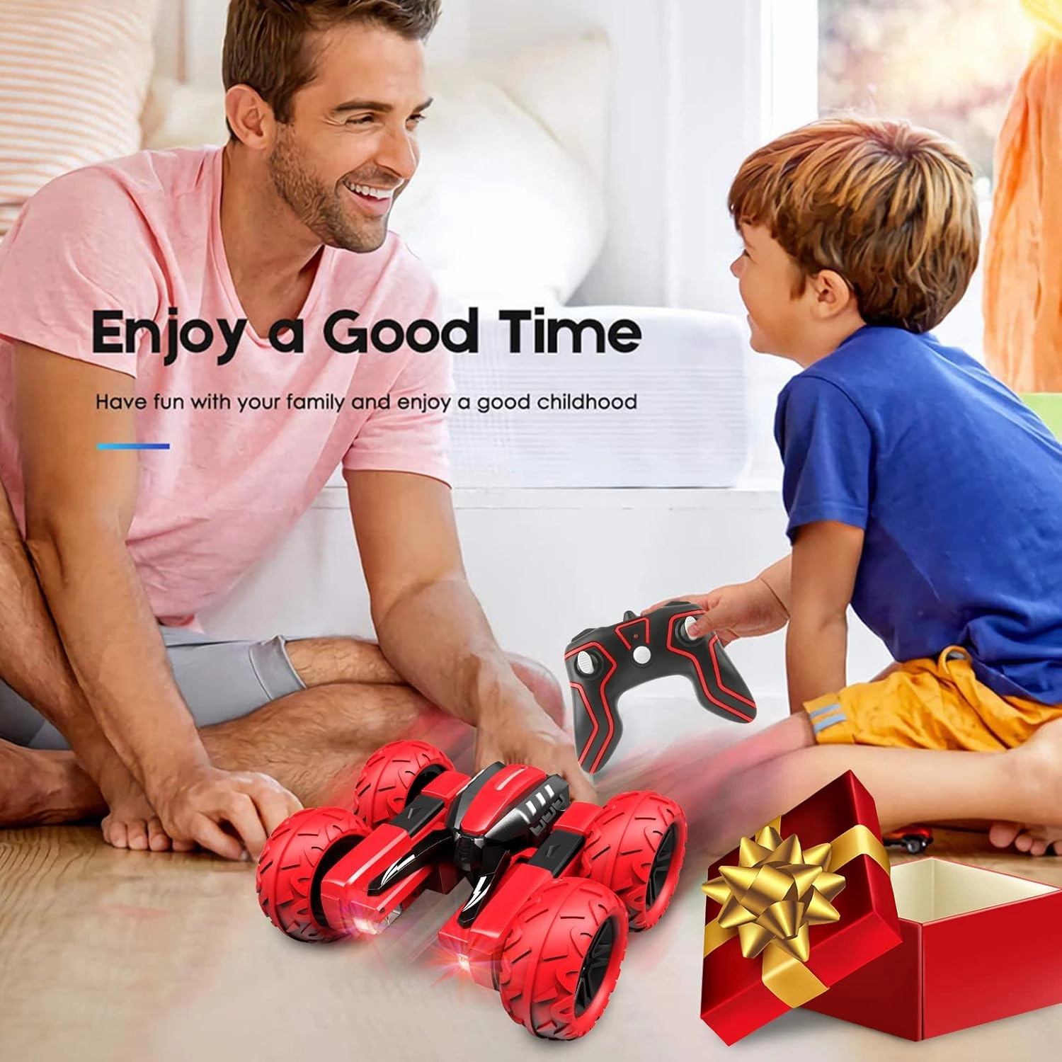 Remote Control Car for 6-12 Years Old Boys Girls Birthdays Present Gift, Hobby RC Car Stunt with LED Light Electric 4WD 2.4Ghz Double Sided Rotating Racing Vehicle 360° Flips Offroad Kids Toy Red