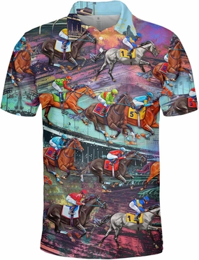 Retro Horse Racing Polo Shirts for Men Horse Racing Golf Polos Mens Polo Shirts Short Sleeve Button Up Shirt Men