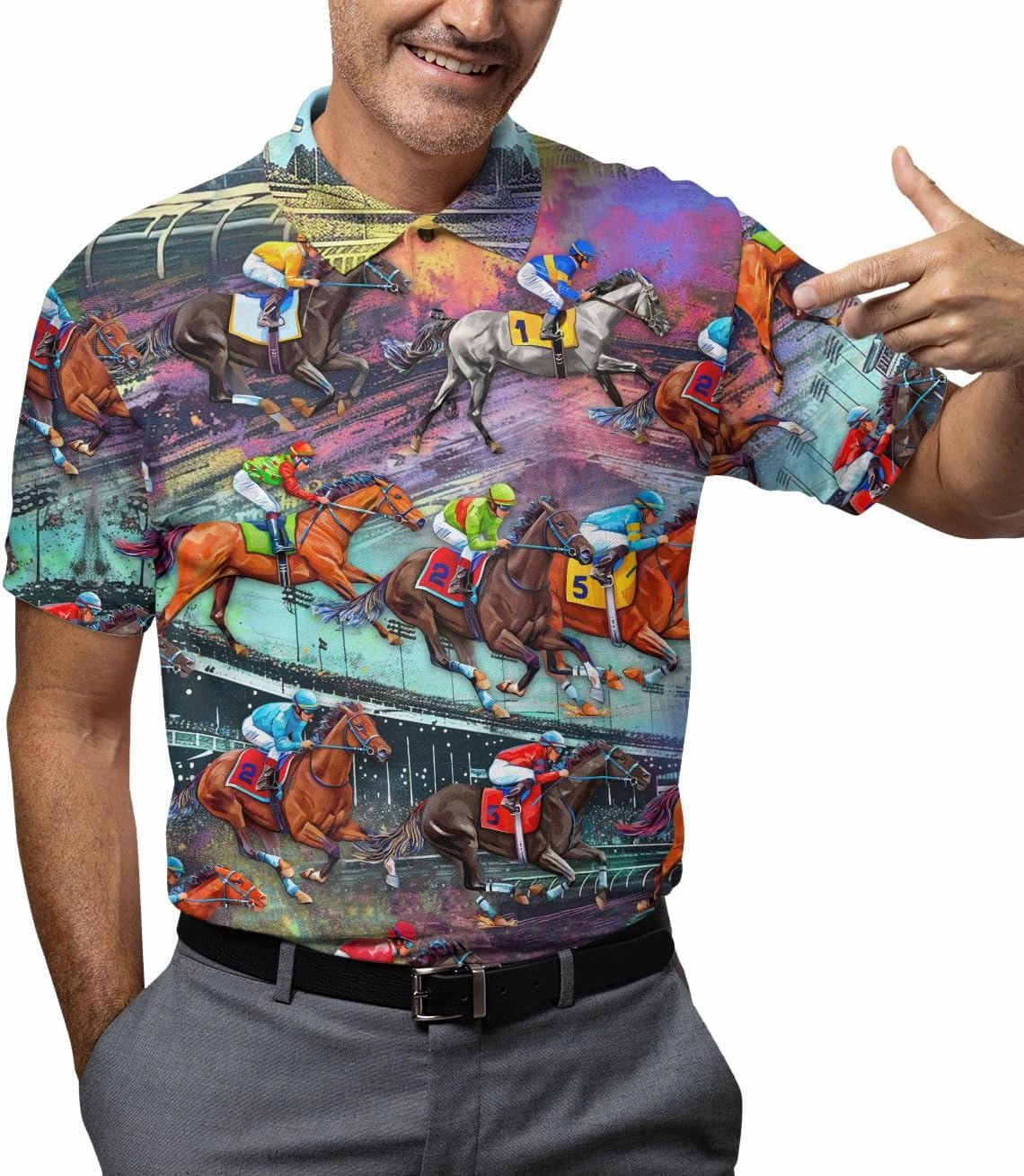 Retro Horse Racing Polo Shirts for Men Horse Racing Golf Polos Mens Polo Shirts Short Sleeve Button Up Shirt Men