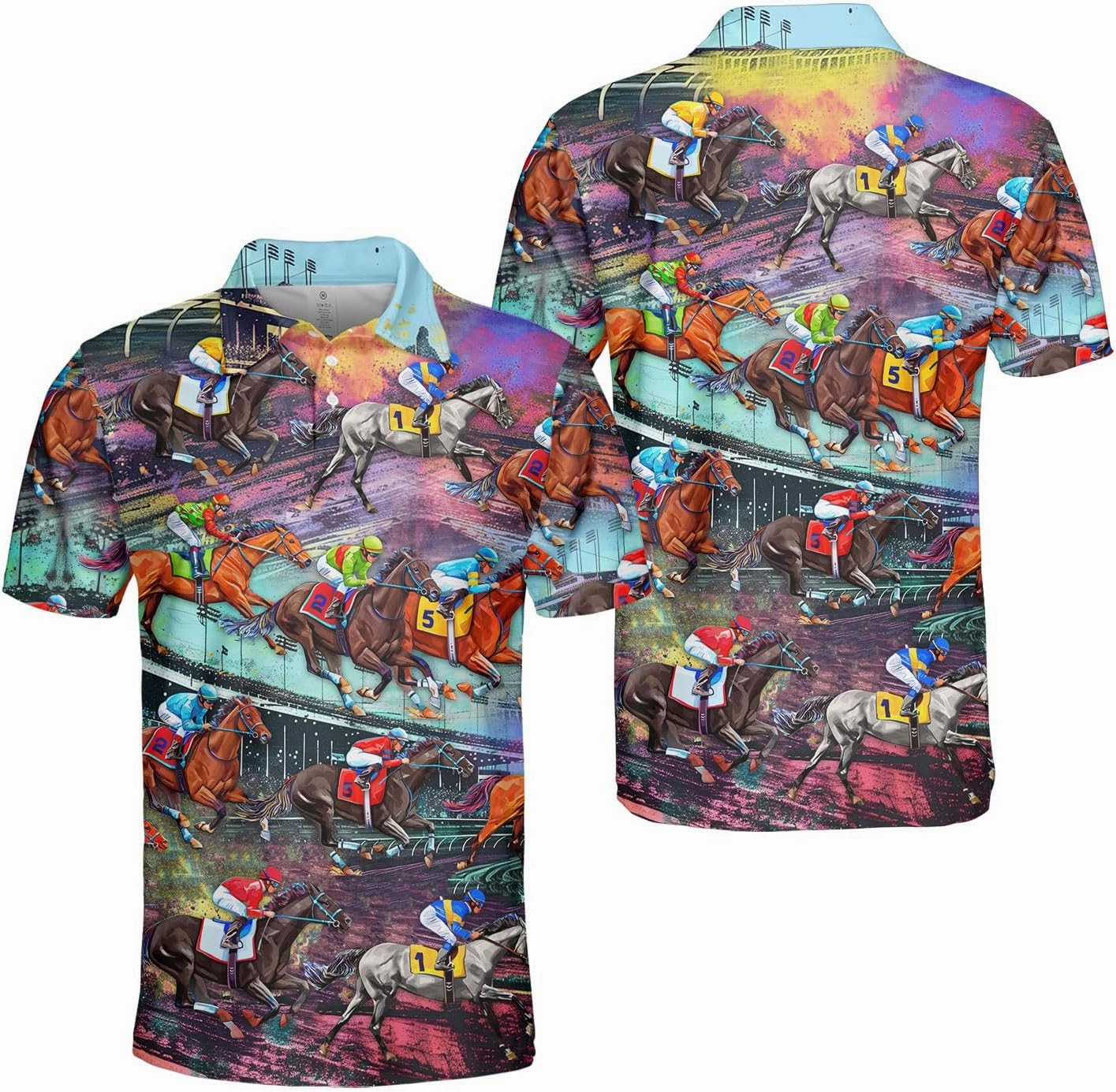 Retro Horse Racing Polo Shirts for Men Horse Racing Golf Polos Mens Polo Shirts Short Sleeve Button Up Shirt Men