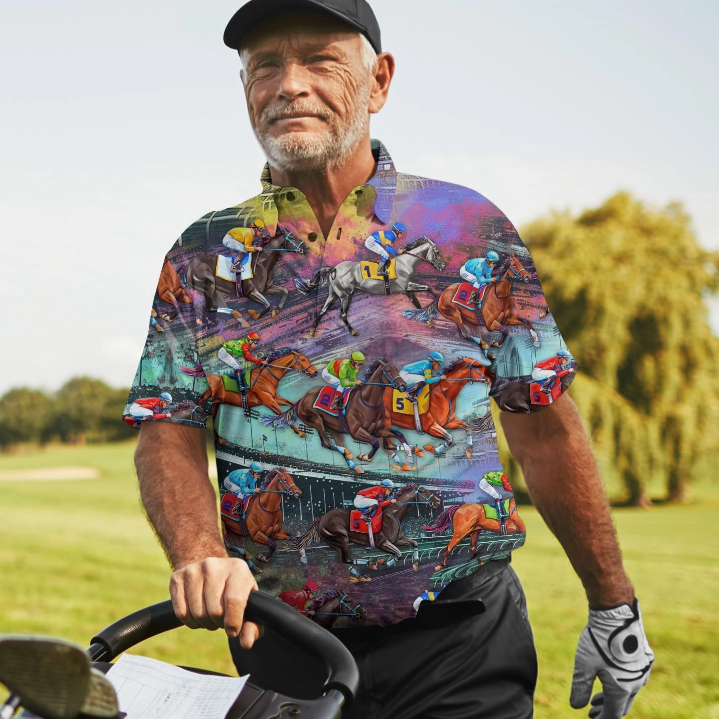 Retro Horse Racing Polo Shirts for Men Horse Racing Golf Polos Mens Polo Shirts Short Sleeve Button Up Shirt Men