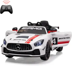 Ride on Car for Kids with Remote Contorl, 12V Licensed Benz AMG Electric Vehicles Battery Powered Sports Car,Sound System, LED Headlights,One Button Assemble Wheels for 3-8 Years Boys Girls,White