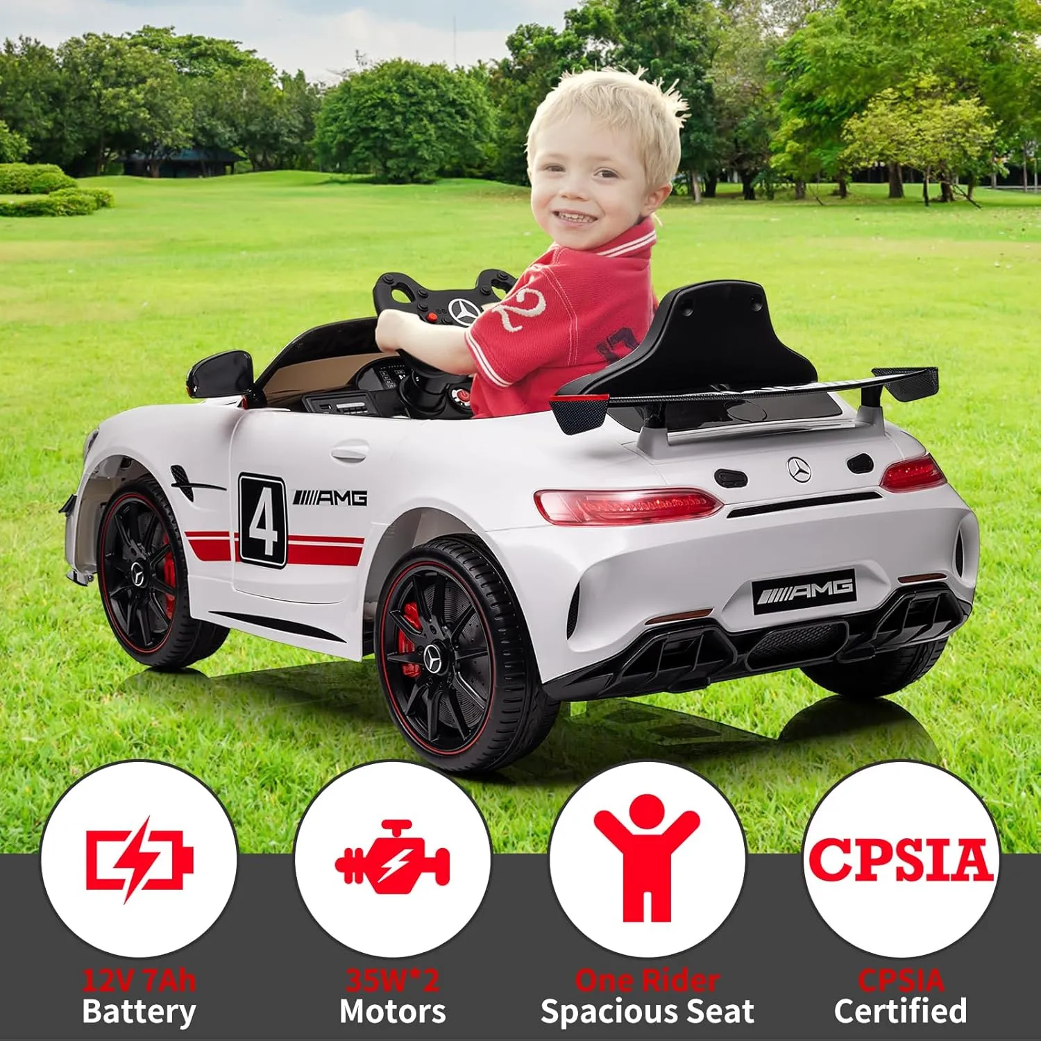 Ride on Car for Kids with Remote Contorl, 12V Licensed Benz AMG Electric Vehicles Battery Powered Sports Car,Sound System, LED Headlights,One Button Assemble Wheels for 3-8 Years Boys Girls,White