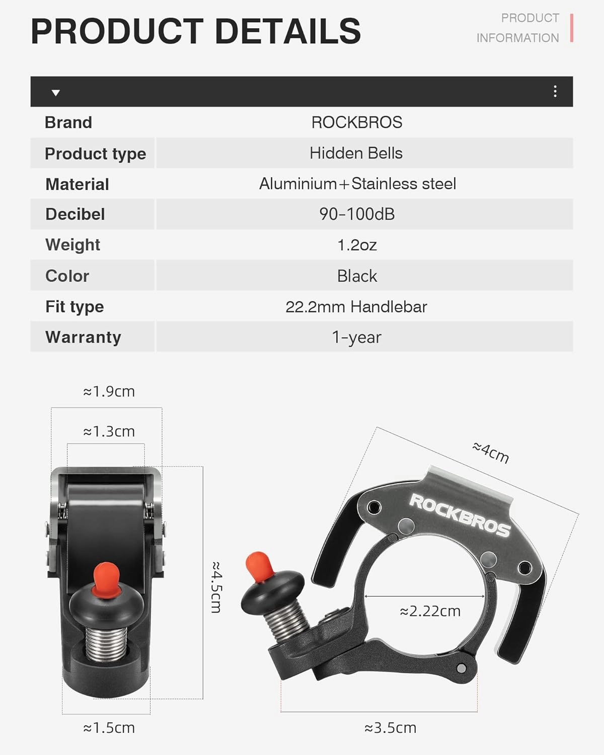 ROCKBROS Bike Bells Hidden MTB Bells Bicycle Bells for 22.2mm Handlebars, More Than 100dB, Clear & Long Sound Ringer, Mountain Bike, Scooter, Youth Bike