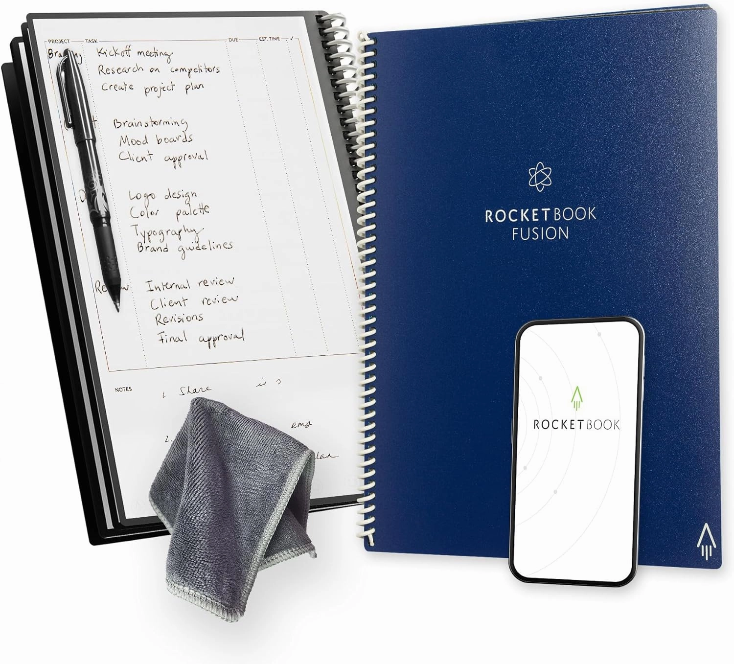 Rocketbook Fusion Reusable Undated Productivity Planner, Letter Size 8.5x11, Navy Blue - Goals, Monthly and Weekly Calendar, Daily To-do List, Lined and Dotted Notes Pages