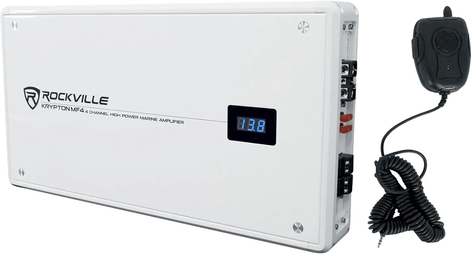 Rockville KRYPTON MF4 2400W Peak 4-Channel Marine Amplifier, White, IPX6, Class AB, Includes Remote, Adjustable Crossover, PA Mic - Perfect for Boats, Subwoofers, Full Range Speakers