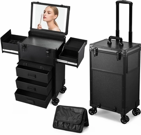 Rolling Makeup Case with lighted mirror, Cosmetology Case on Wheels with LED Mirror, Professional Salon Trolley Cart with Drawer,Travel Makeup Lockable Beauty Organizer with Live Stream Light