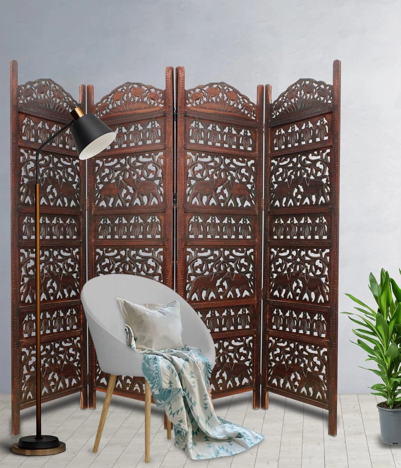 Room Divider Wood Screen - Elephant Hathi Walnut Brown - 4 Panel Fording 72x80 - Intricate Carved Room Décor Boho Portable Partition Privacy Screen Small Spaces Reversible Freestanding - COTTON CRAFT
