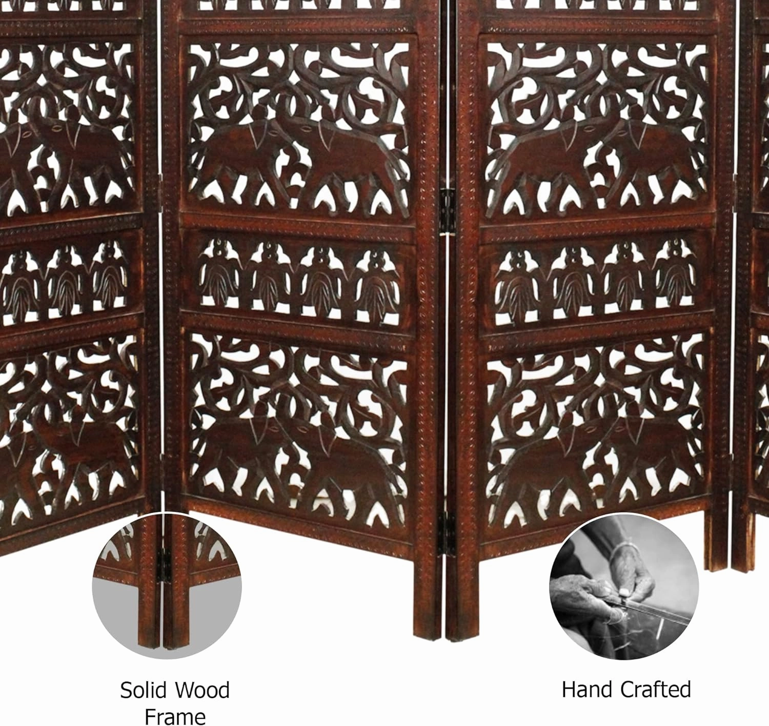 Room Divider Wood Screen - Elephant Hathi Walnut Brown - 4 Panel Fording 72x80 - Intricate Carved Room Décor Boho Portable Partition Privacy Screen Small Spaces Reversible Freestanding - COTTON CRAFT