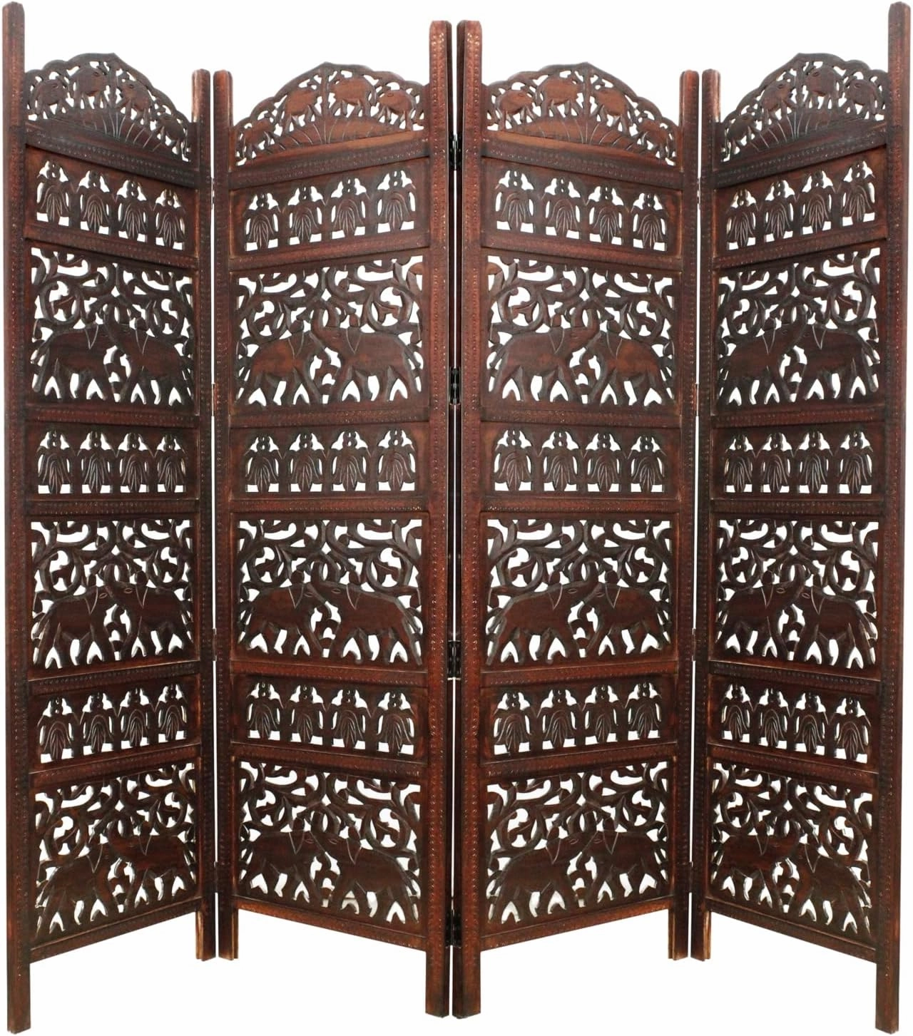 Room Divider Wood Screen - Elephant Hathi Walnut Brown - 4 Panel Fording 72x80 - Intricate Carved Room Décor Boho Portable Partition Privacy Screen Small Spaces Reversible Freestanding - COTTON CRAFT