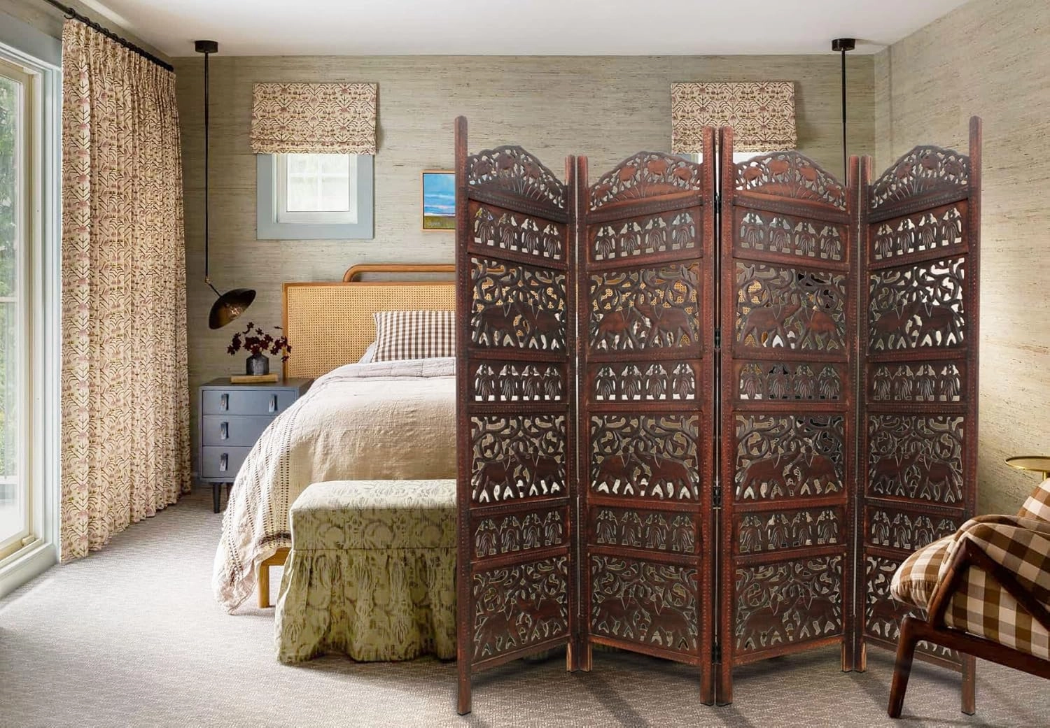 Room Divider Wood Screen - Elephant Hathi Walnut Brown - 4 Panel Fording 72x80 - Intricate Carved Room Décor Boho Portable Partition Privacy Screen Small Spaces Reversible Freestanding - COTTON CRAFT