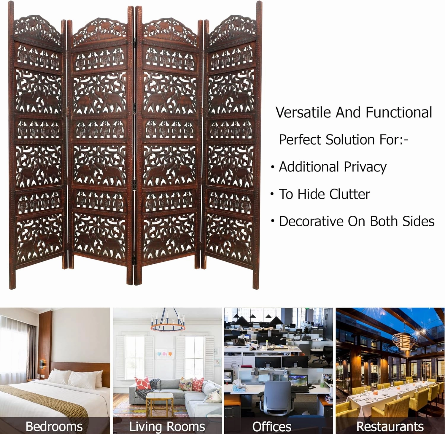 Room Divider Wood Screen - Elephant Hathi Walnut Brown - 4 Panel Fording 72x80 - Intricate Carved Room Décor Boho Portable Partition Privacy Screen Small Spaces Reversible Freestanding - COTTON CRAFT