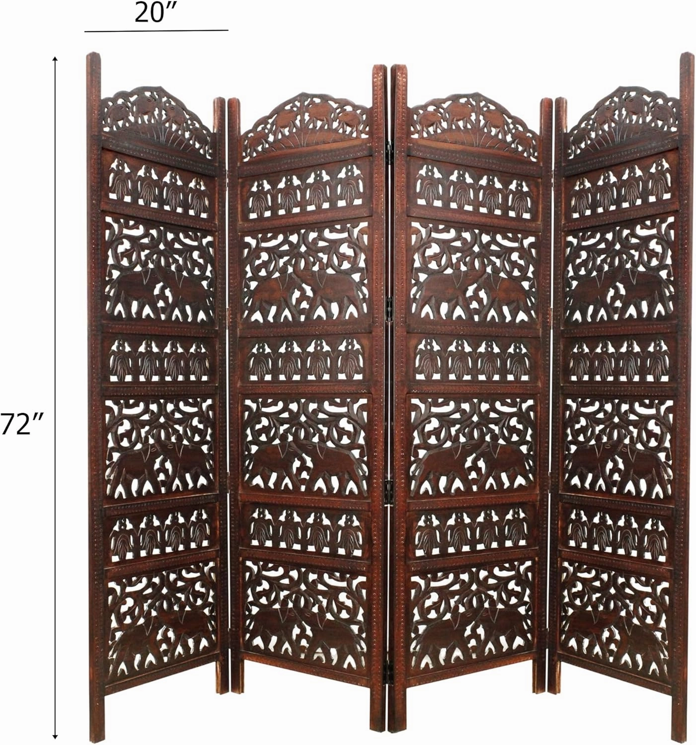 Room Divider Wood Screen - Elephant Hathi Walnut Brown - 4 Panel Fording 72x80 - Intricate Carved Room Décor Boho Portable Partition Privacy Screen Small Spaces Reversible Freestanding - COTTON CRAFT