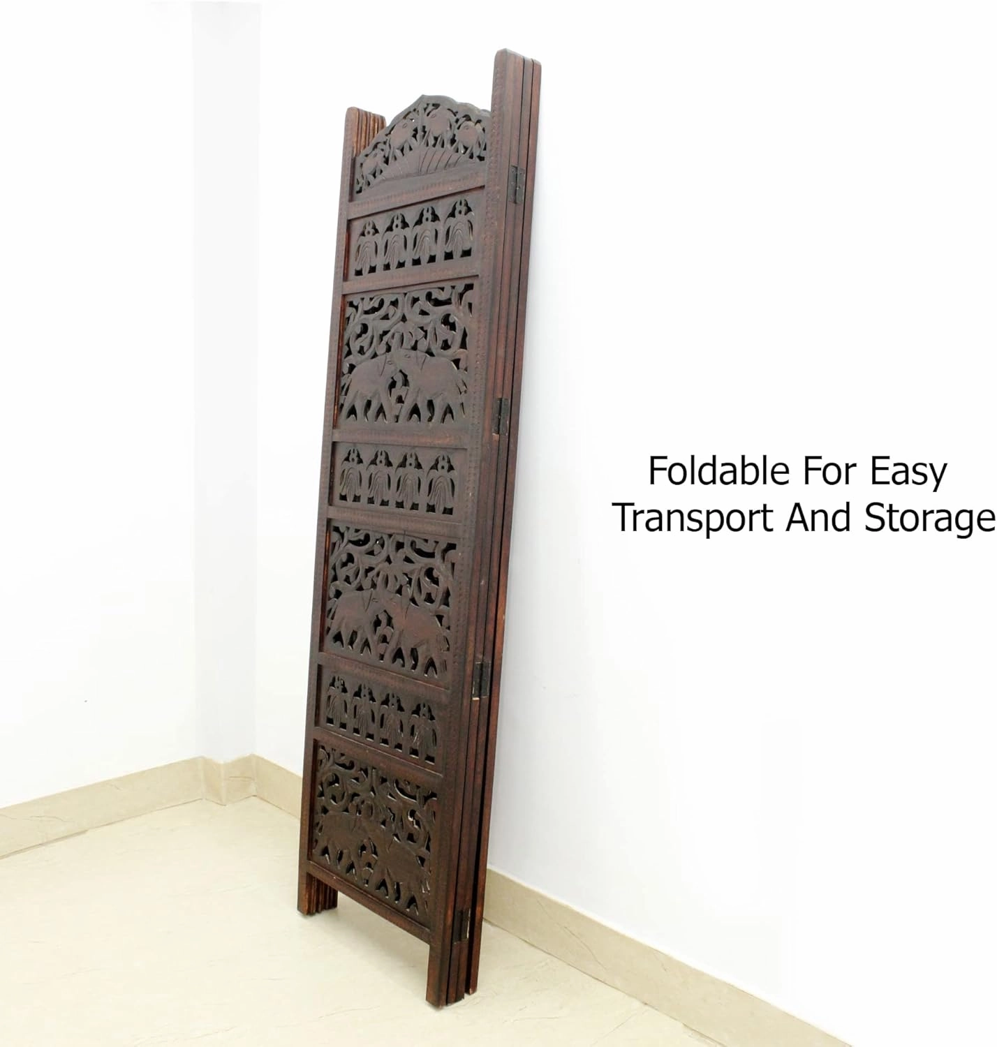 Room Divider Wood Screen - Elephant Hathi Walnut Brown - 4 Panel Fording 72x80 - Intricate Carved Room Décor Boho Portable Partition Privacy Screen Small Spaces Reversible Freestanding - COTTON CRAFT