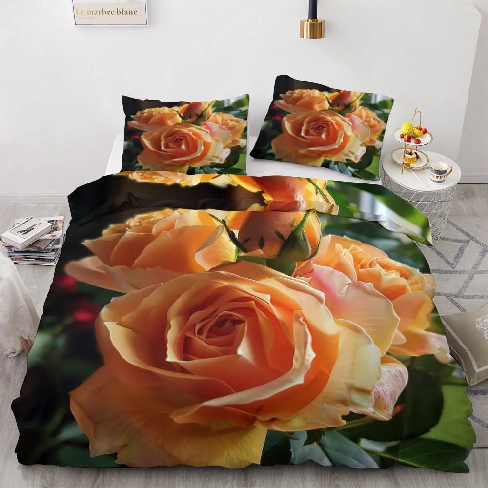 Rose Duvet Cover Cal King Size Set, Flower 3D Bedding Bedroom Decor, Comforter Cover & 2 Pillowcases 3 Pieces, Home Collection Quilt Cover