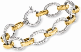 Ross-Simons Sterling Silver and 18kt Gold Over Sterling Silver Twisted-Oval Link Bracelet. 8 inches