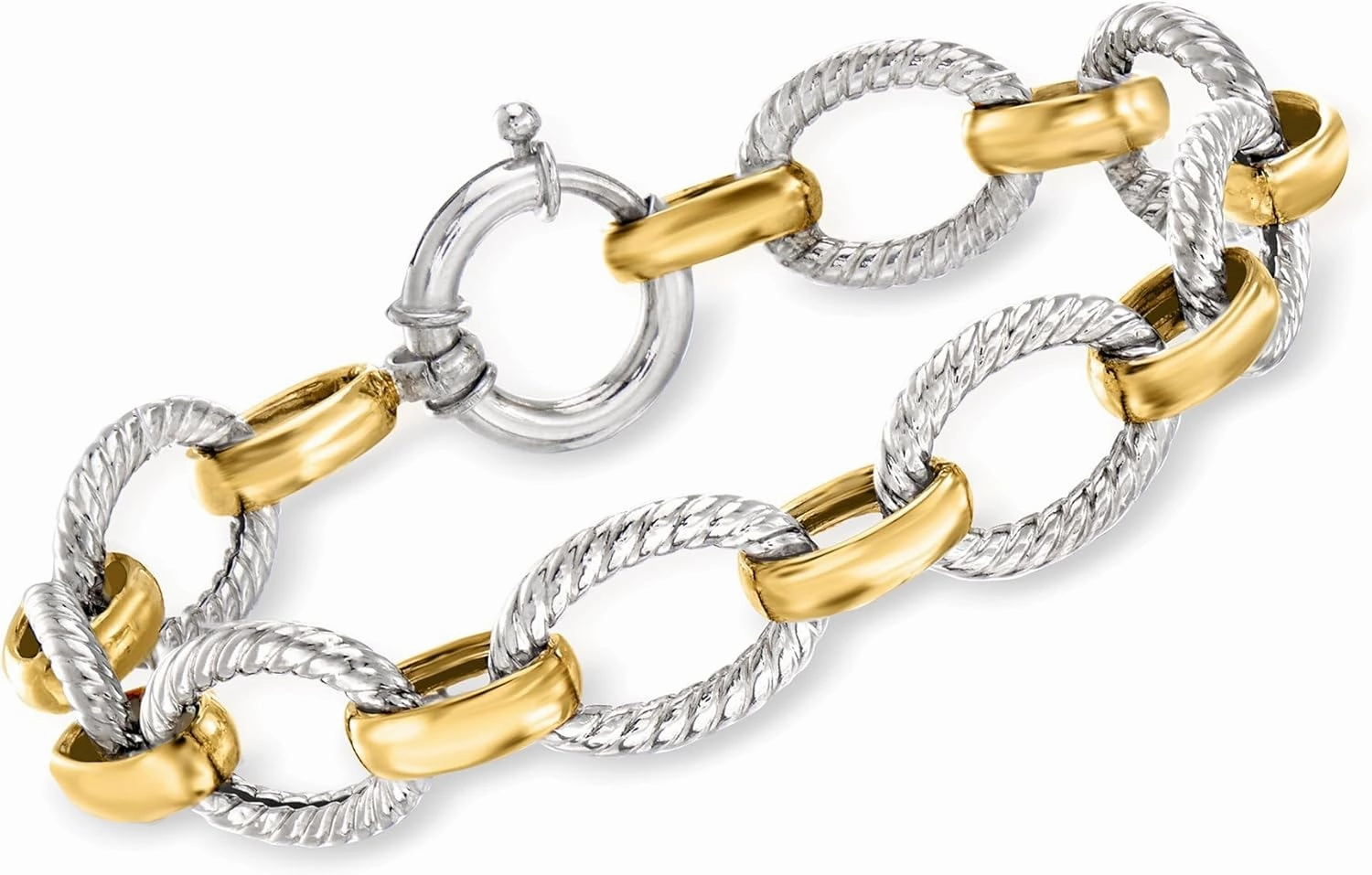 Ross-Simons Sterling Silver and 18kt Gold Over Sterling Silver Twisted-Oval Link Bracelet. 8 inches