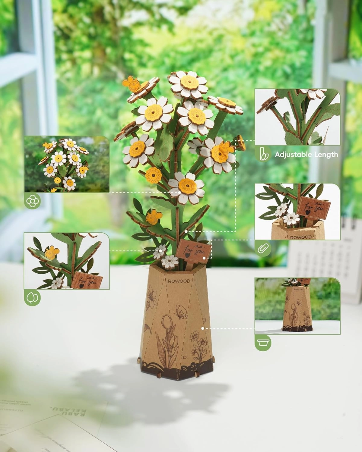 rowood 3D Puzzle Wooden Flower,DIY Flower Building Block Set Craft Kit for Kids,Mother's Day/Valentine's Day/Teacher's Day/Thanksgiving/Christmas/Birthday Gift for Mom/Grandma-Chamomile