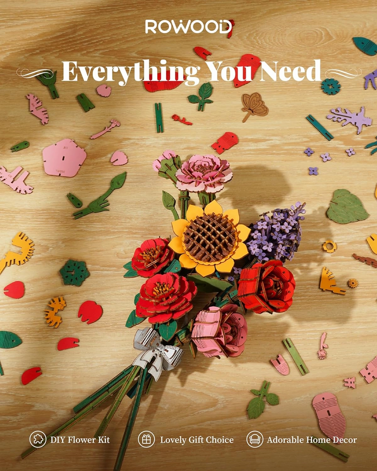 rowood 3D Puzzle Wooden Flower,DIY Flower Building Block Set Craft Kit for Kids,Mother's Day/Valentine's Day/Teacher's Day/Thanksgiving/Christmas/Birthday Gift for Mom/Grandma-Chamomile
