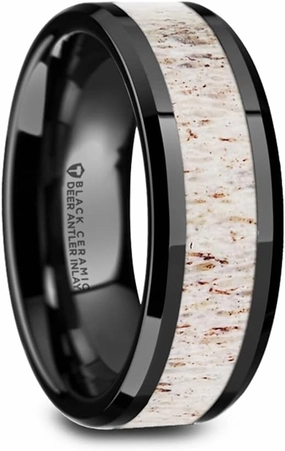 Roy Rose Jewelry Mens Black Ceramic Off-White Antler Inlay Wedding Ring - Beveled Comfort Fit - 8mm Wide - Style Name: STAG
