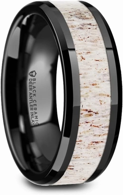 Roy Rose Jewelry Mens Black Ceramic Off-White Antler Inlay Wedding Ring - Beveled Comfort Fit - 8mm Wide - Style Name: STAG
