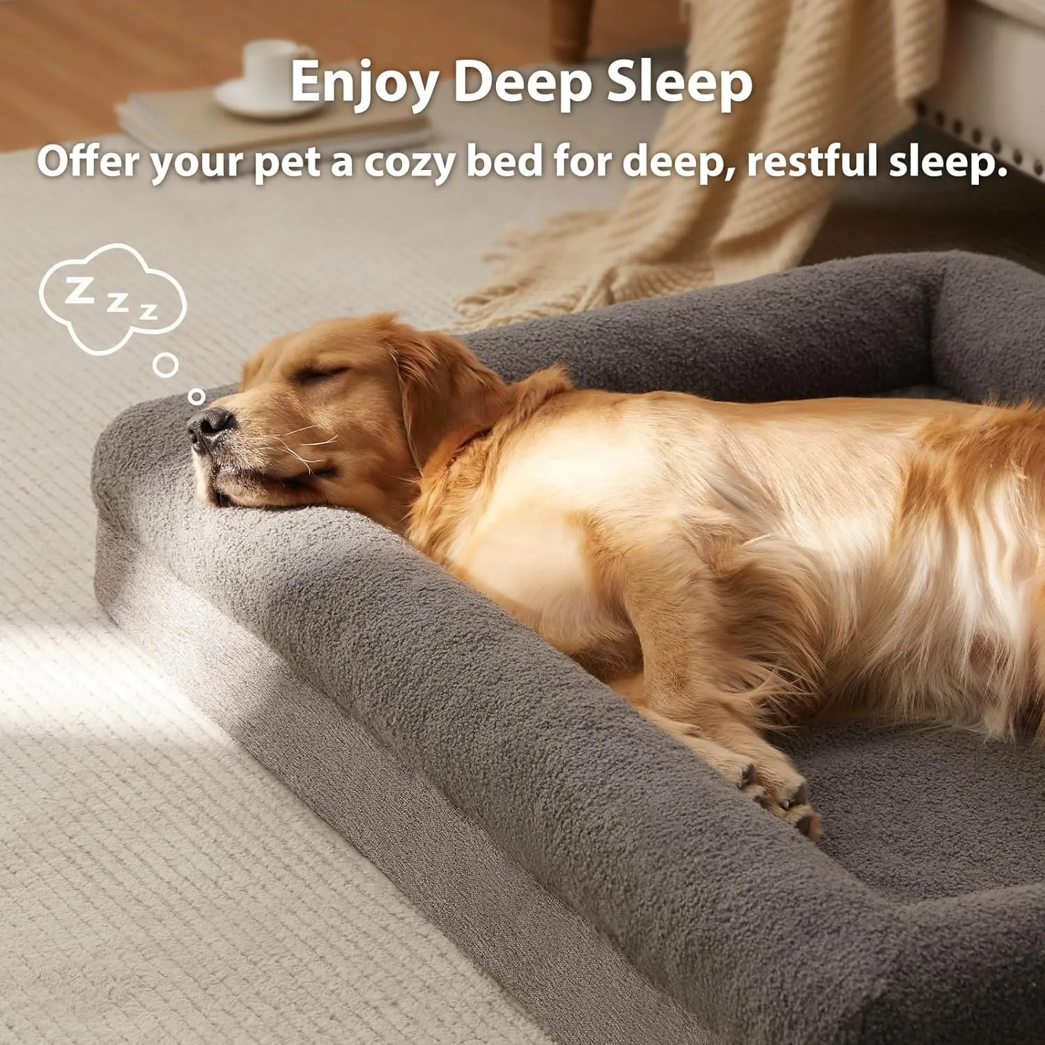 RRPETHOME Washable Dog Beds Large Sized Dogs, Extra Large Orthopedic Dogs Beds with Removable Cover, Waterproof Pet Bed with Bolsters, Dog Couch Bed with Non Slip Bottom, XL, Grey
