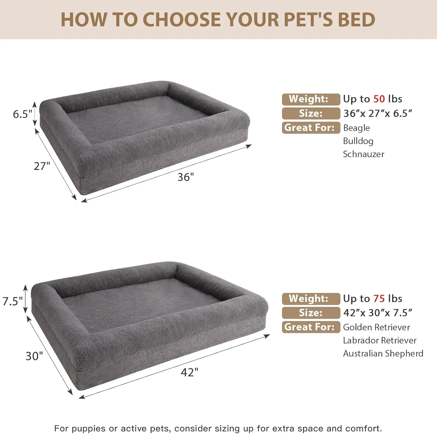 RRPETHOME Washable Dog Beds Large Sized Dogs, Extra Large Orthopedic Dogs Beds with Removable Cover, Waterproof Pet Bed with Bolsters, Dog Couch Bed with Non Slip Bottom, XL, Grey