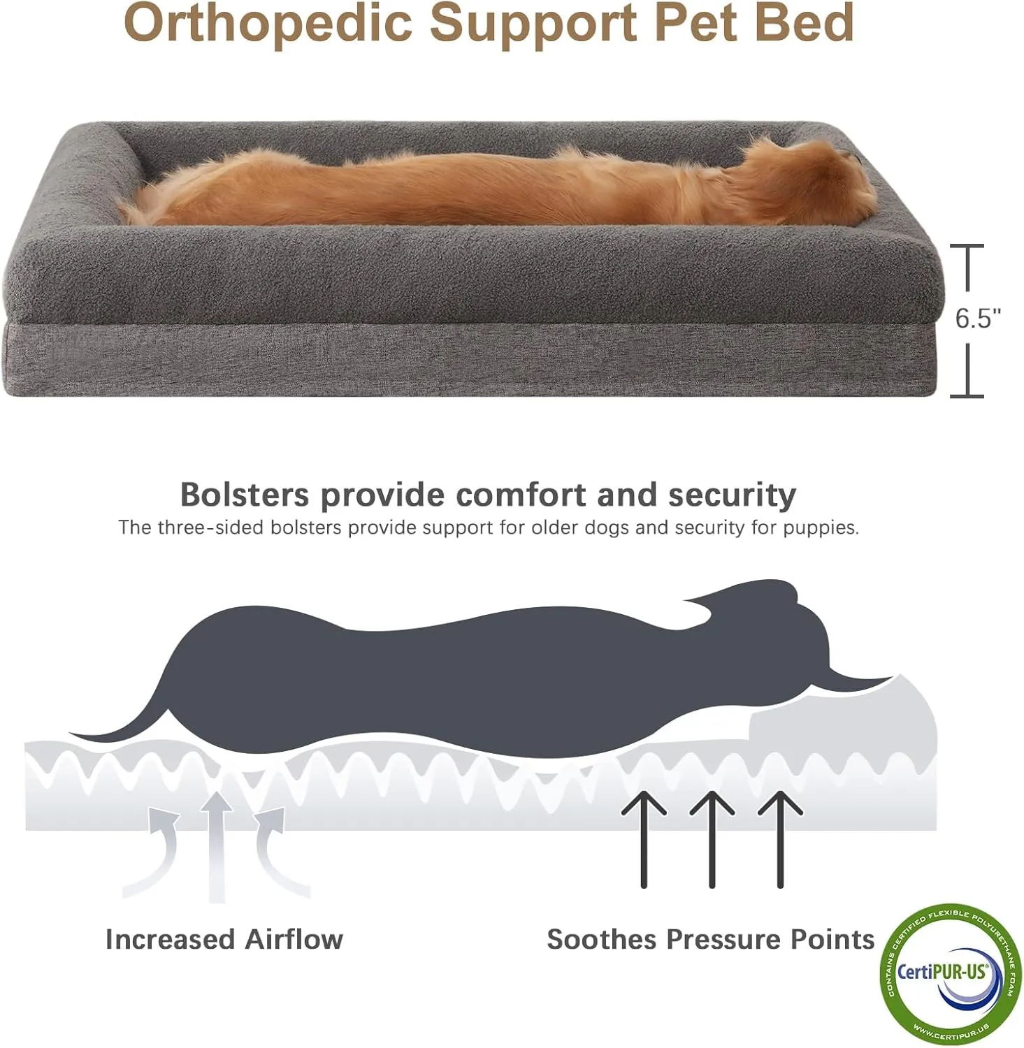 RRPETHOME Washable Dog Beds Large Sized Dogs, Extra Large Orthopedic Dogs Beds with Removable Cover, Waterproof Pet Bed with Bolsters, Dog Couch Bed with Non Slip Bottom, XL, Grey