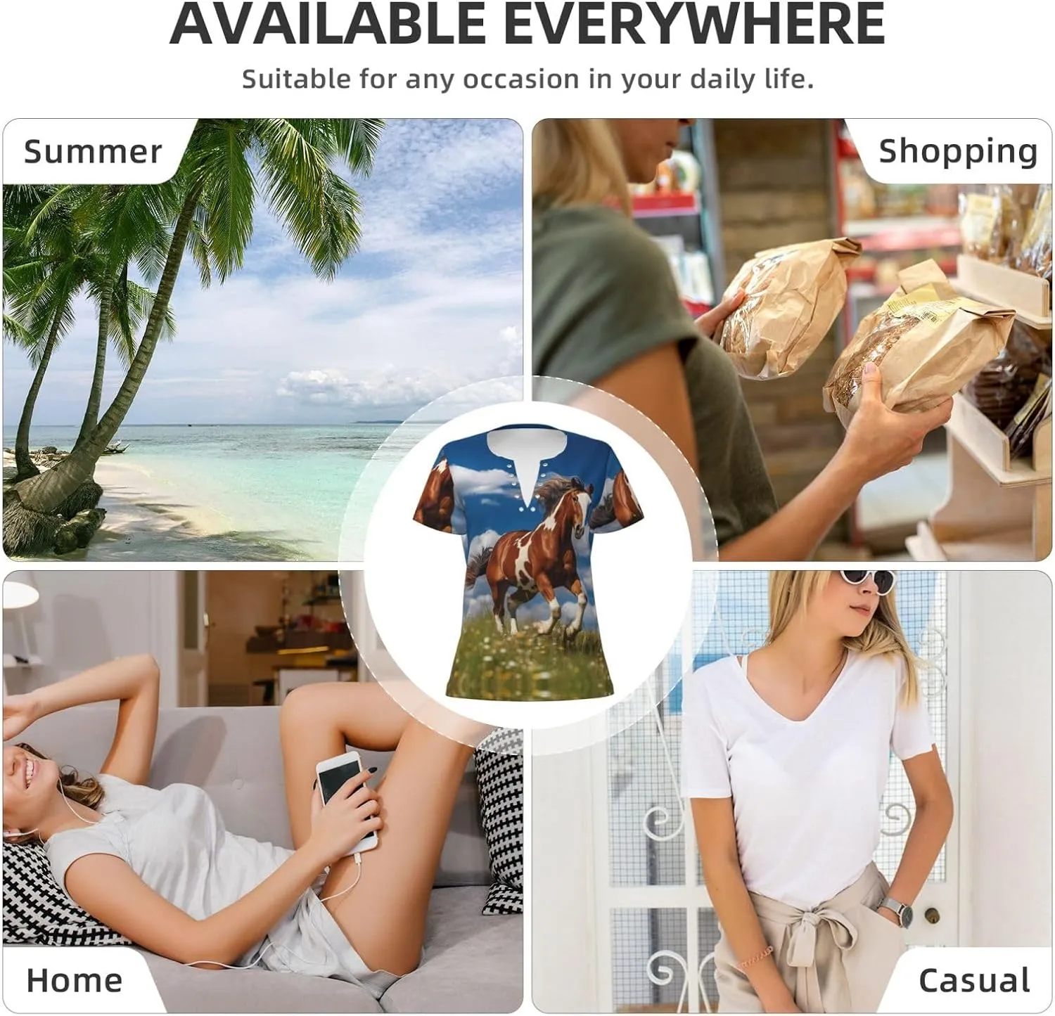 Running Horses Pattern Sexy V-Neck Printed Short T-Shirt, Travel Portable Fitness Clothes, Home and Outdoor wear