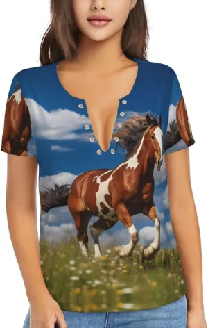 Running Horses Pattern Sexy V-Neck Printed Short T-Shirt, Travel Portable Fitness Clothes, Home and Outdoor wear