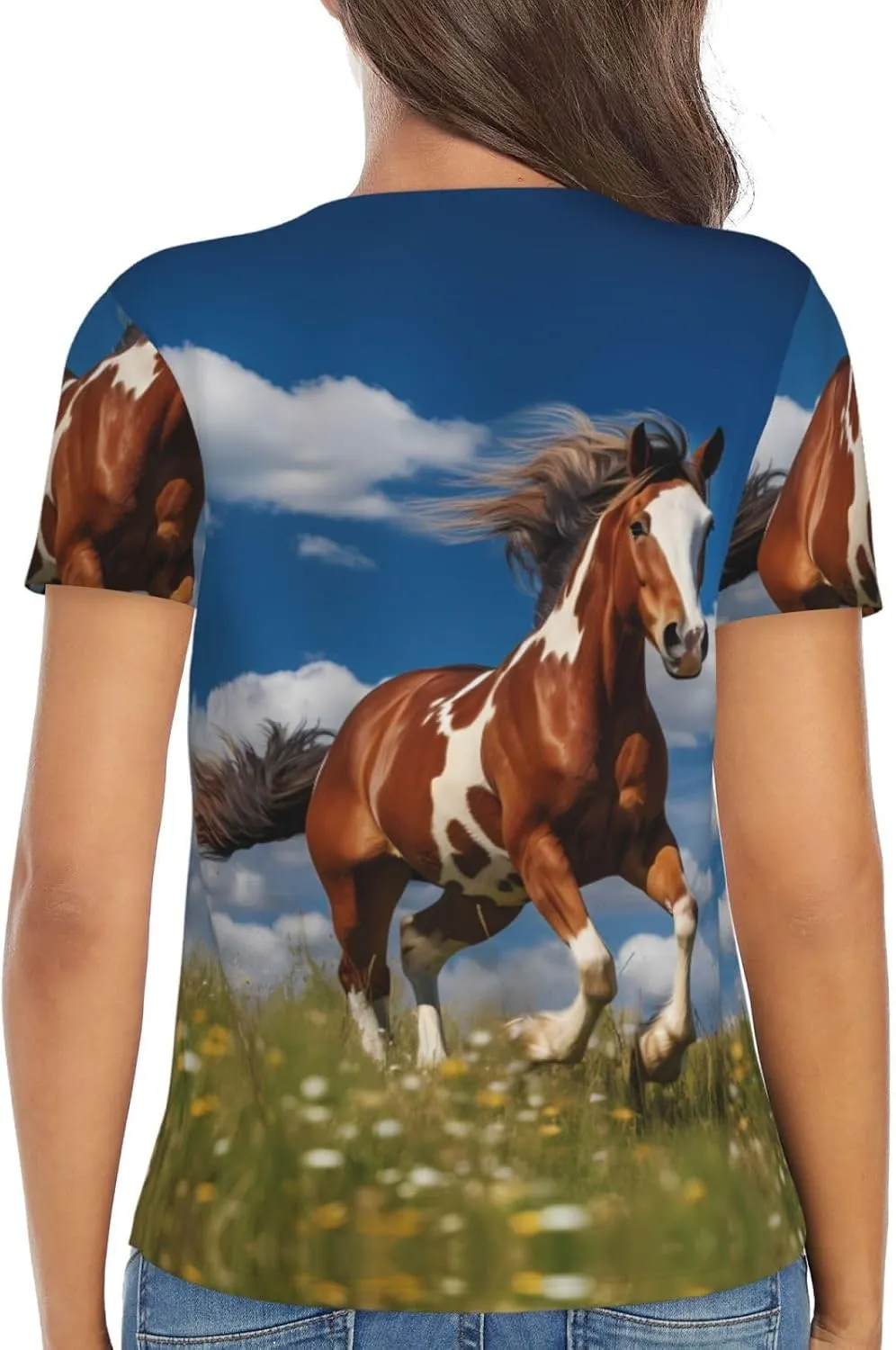 Running Horses Pattern Sexy V-Neck Printed Short T-Shirt, Travel Portable Fitness Clothes, Home and Outdoor wear
