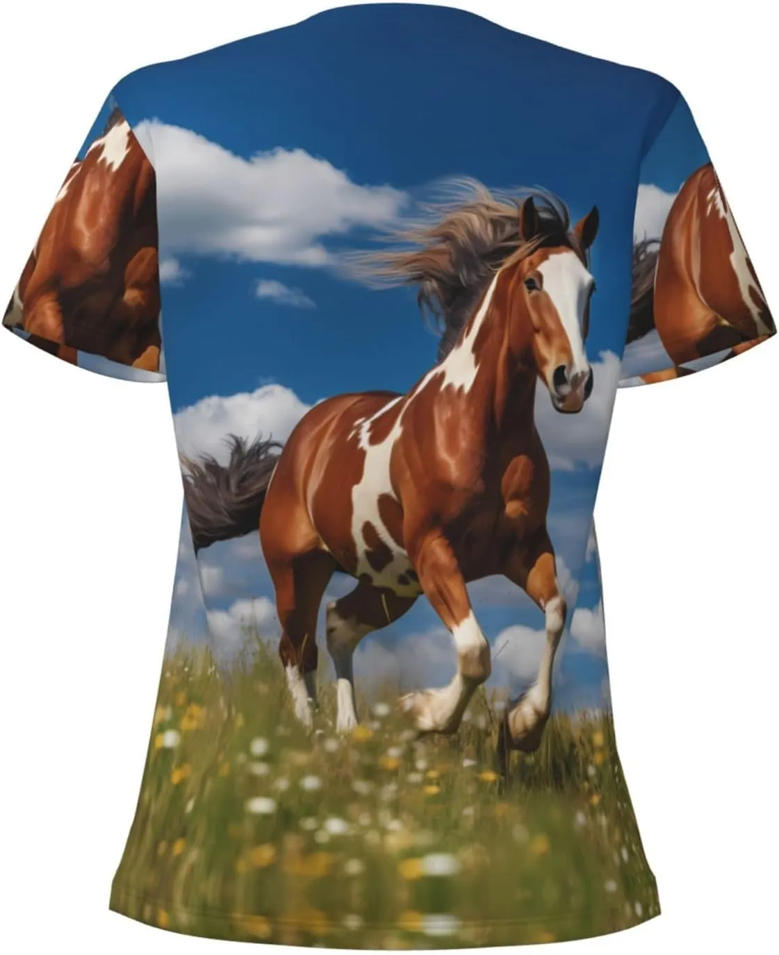 Running Horses Pattern Sexy V-Neck Printed Short T-Shirt, Travel Portable Fitness Clothes, Home and Outdoor wear