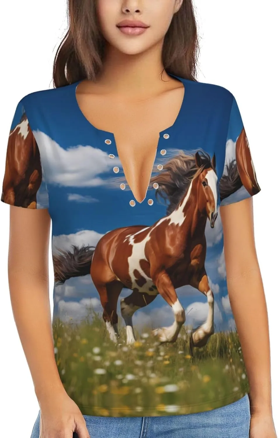 Running Horses Pattern Sexy V-Neck Printed Short T-Shirt, Travel Portable Fitness Clothes, Home and Outdoor wear