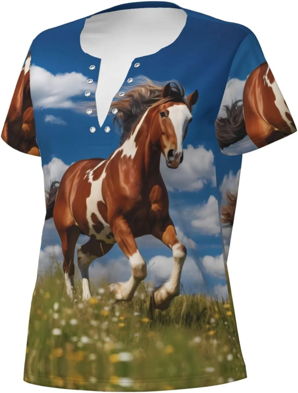 Running Horses Pattern Sexy V-Neck Printed Short T-Shirt, Travel Portable Fitness Clothes, Home and Outdoor wear