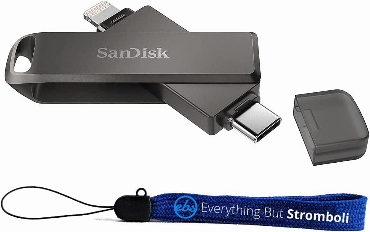 SanDisk 128GB iXpand Luxe Flash Drive for iPhone, iPad Tablet & USB TypeC Devices - 3.1 Dual Drive for Lightning & Type-C (NOT Type-A) SDIX70N-128G-GN6NE Bundle with 1 Everything But Stromboli Lanyard