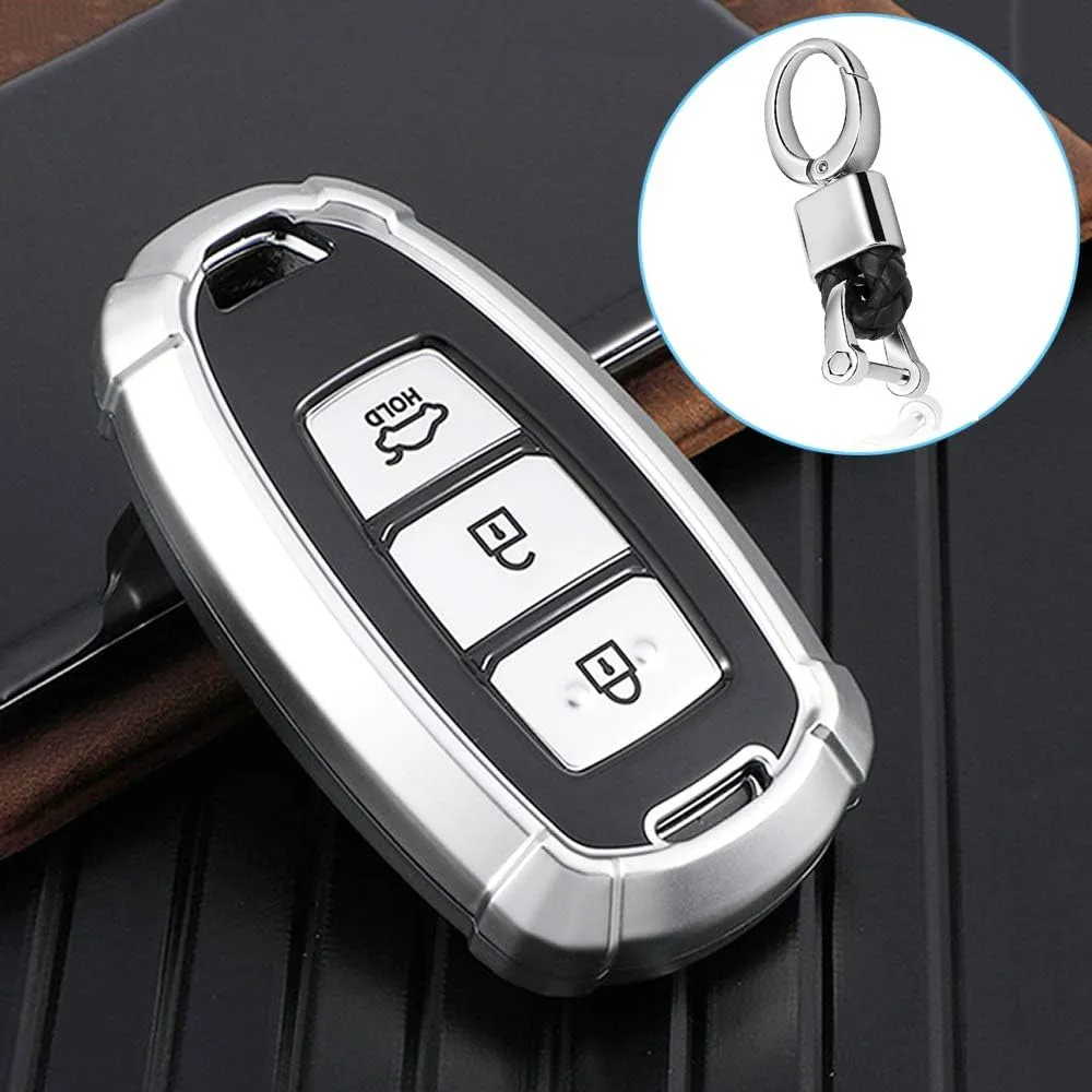 SANRILY 3-Button Car Key Cover for Hyundai 2018 Santa Fe Elantra Verna Accent Ix35 Keyless Remote Key Holder Soft TPU Key Protective Case with Keychain Silver
